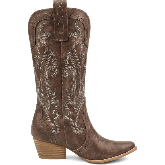 Women Synthetic Brown Boots Mid-calf Pointy Toe Chunky Heels Embroidered Boot - Picture 2 of 7
